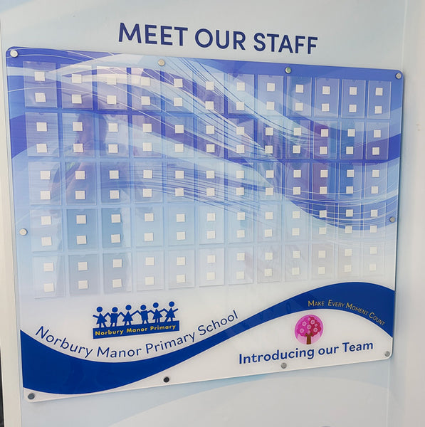 Meet the staff photoboard with school logo and blue design