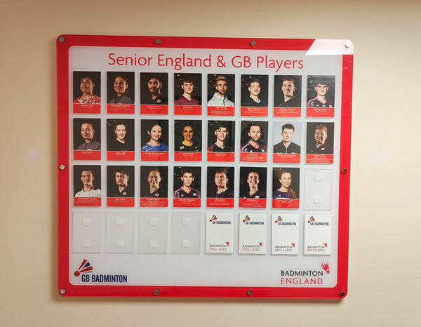 Staff member Photo Board for GB England Badminton players award with a red and white design 