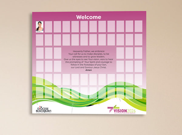 Church Photo Board for Vision 2026 with a pink and green design and custom logo 